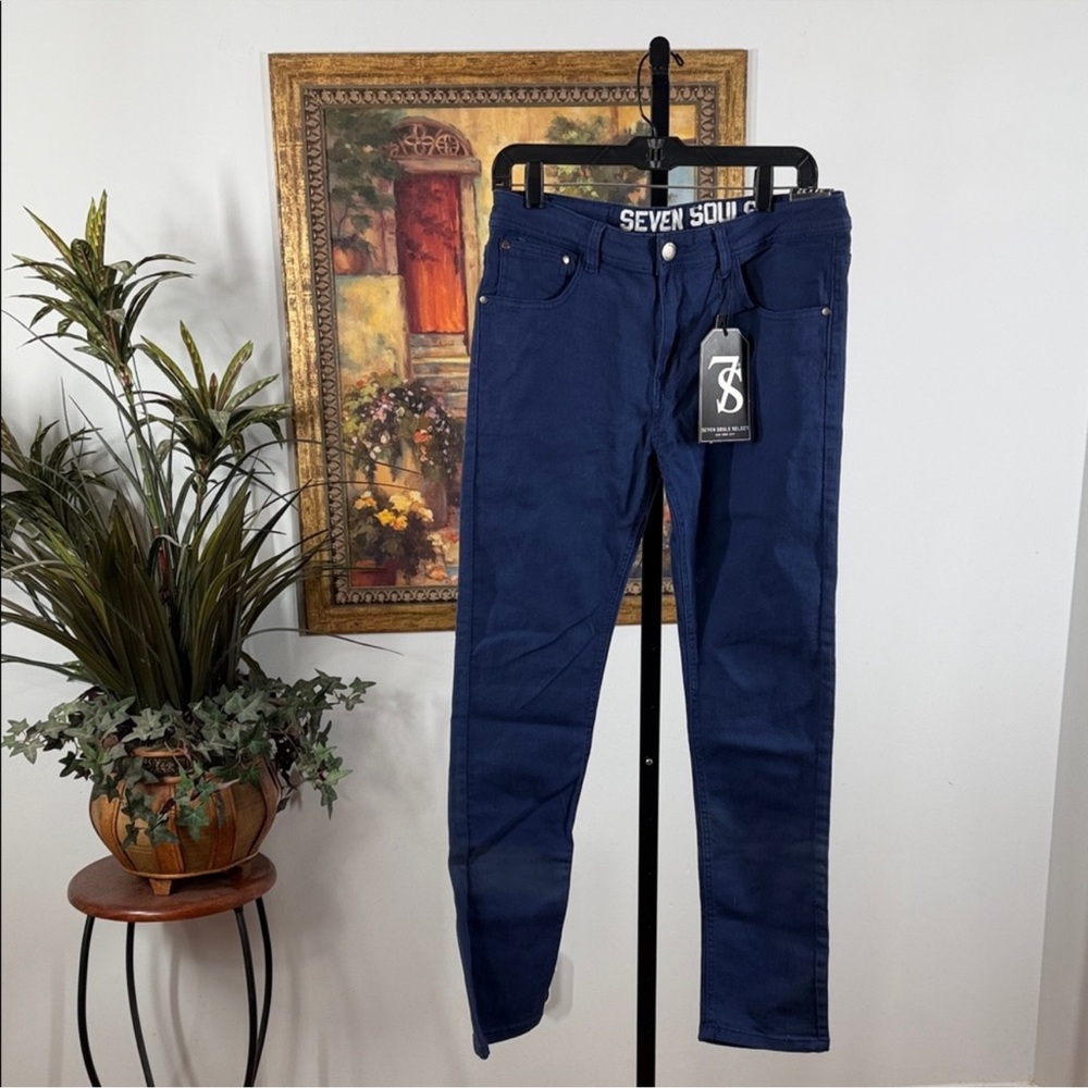 Men's Blue Jeans NEW Seven Souls 34x32 Skinny Fit Flex Twill Cotton Casual